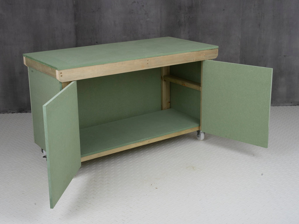 Wooden UniMDF Moisture Resistant Workbench With Lockable Cupboard (V.9) With Wheels