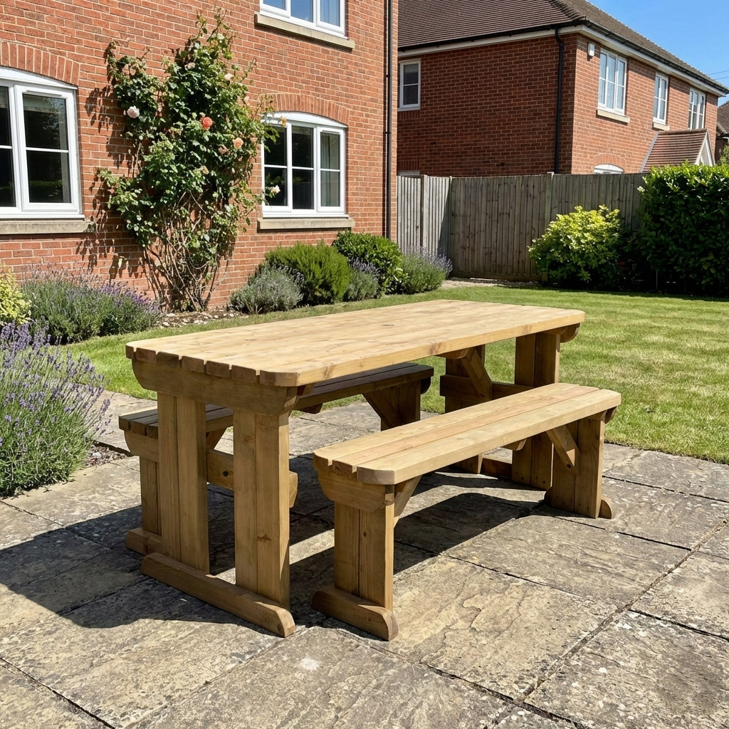 Yews Rounded Space Saving Picnic Table and Benches Set - Rustic Finish