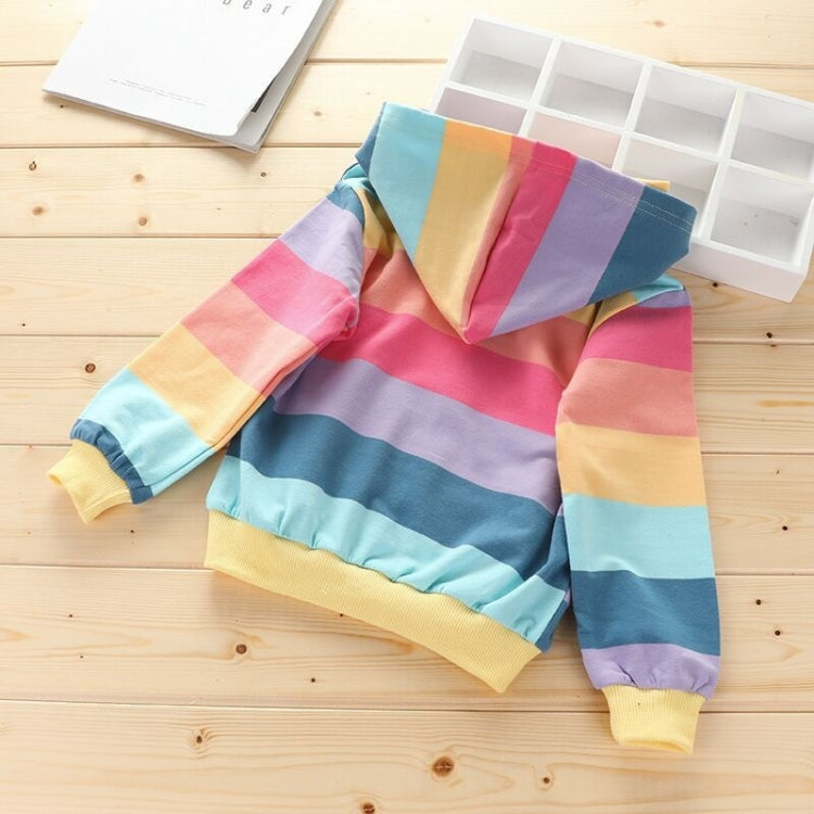 Autumn Horizontal Striped Long-sleeved Zipper Cardigan Hooded Jacket For Girls (Color:Blue Yellow Stripes Size:140cm), 100cm