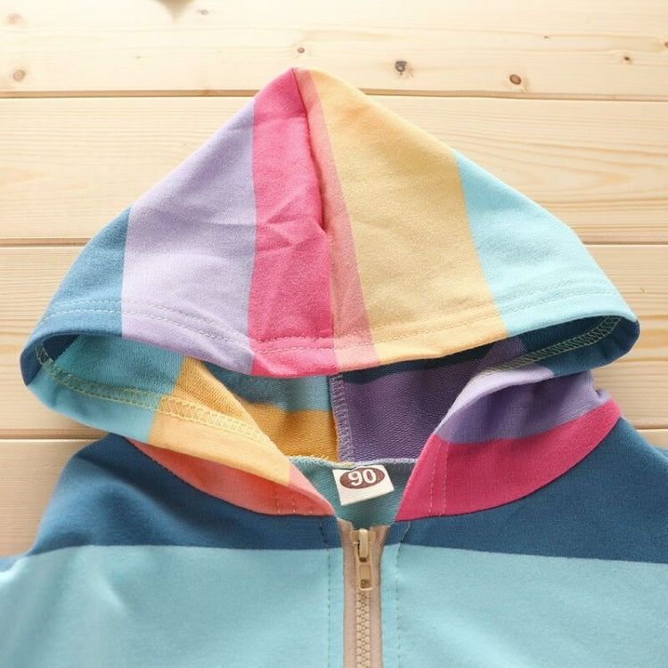 Autumn Horizontal Striped Long-sleeved Zipper Cardigan Hooded Jacket For Girls (Color:Blue Yellow Stripes Size:140cm), 100cm