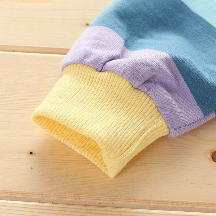 Autumn Horizontal Striped Long-sleeved Zipper Cardigan Hooded Jacket For Girls (Color:Blue Yellow Stripes Size:140cm), 100cm