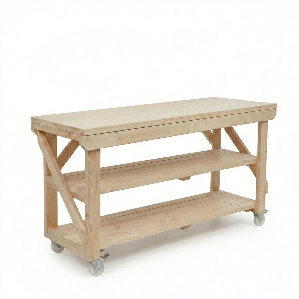 Acorn Wooden Workbench With Double Shelf and Wheels