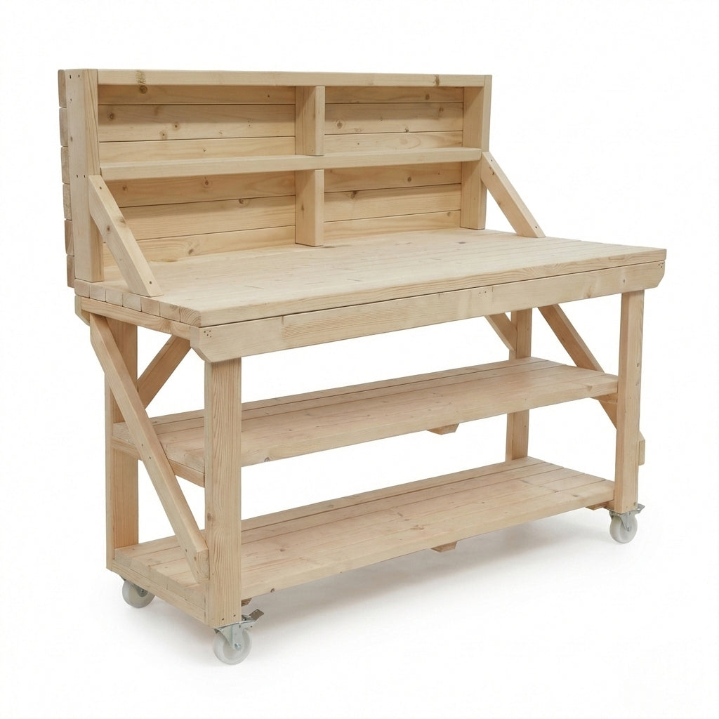 Acorn Wooden Workbench With Back Panel, Double Shelf and Wheels