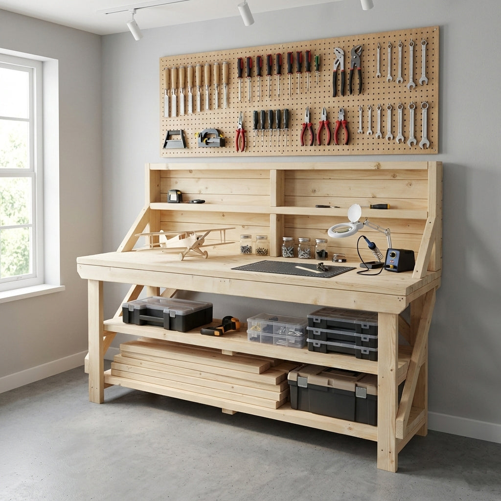 Acorn Wooden Workbench With Back Panel and Double Shelf