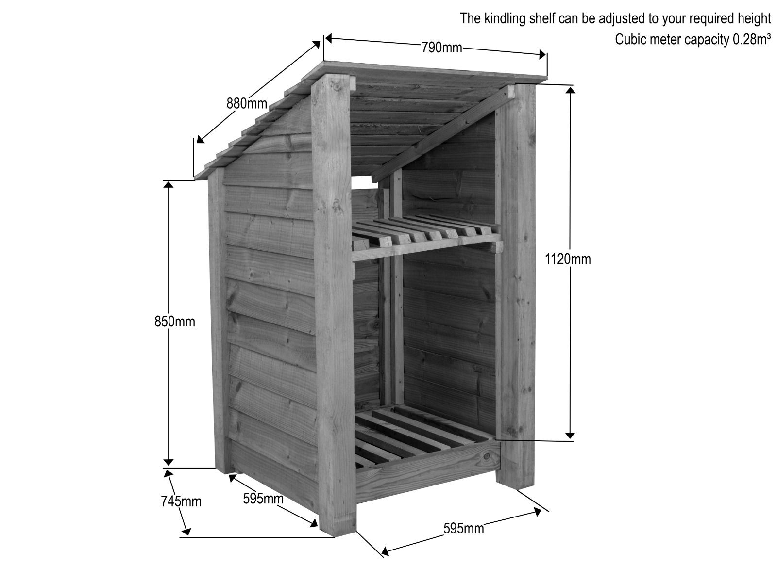 Wooden Log Store with Shelf (Roof Sloping Back) W-79cm, H-126cm or 180cm, D-88cm - Brown Finish