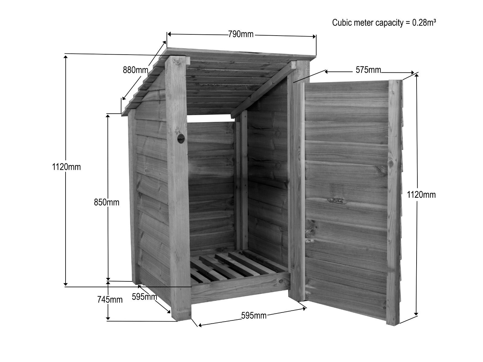 Wooden Log Store with Door (Roof Sloping Back) W-79cm, H-126cm or 180cm, D-88cm
