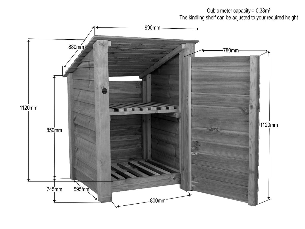 Wooden Log Store with Door and Shelf (Roof Sloping Back) W-99cm, H-126cm Or 180cm, D-88cm - Brown Finish