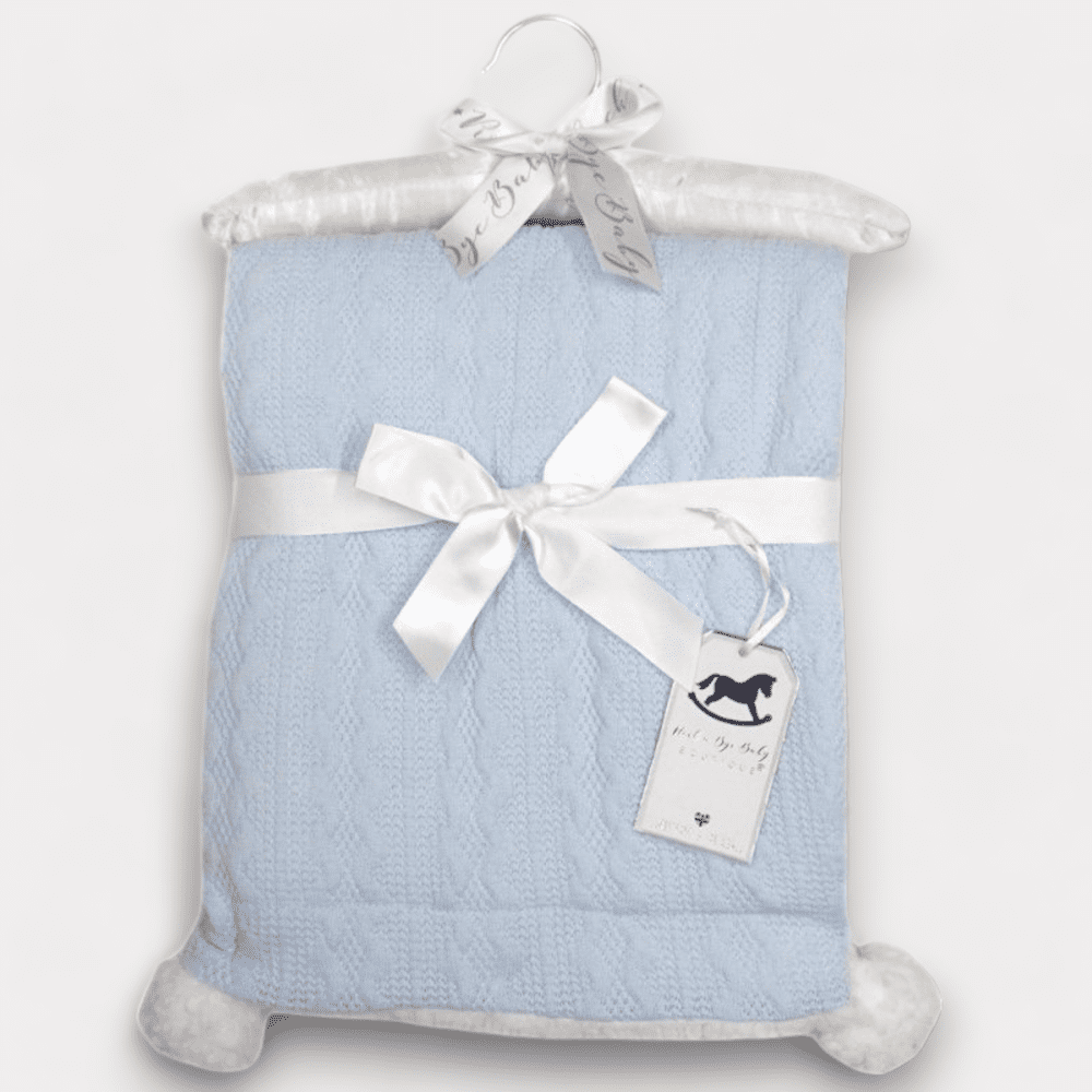 Blue Baby Knitted Wrap with Fleece Back and Pom Poms