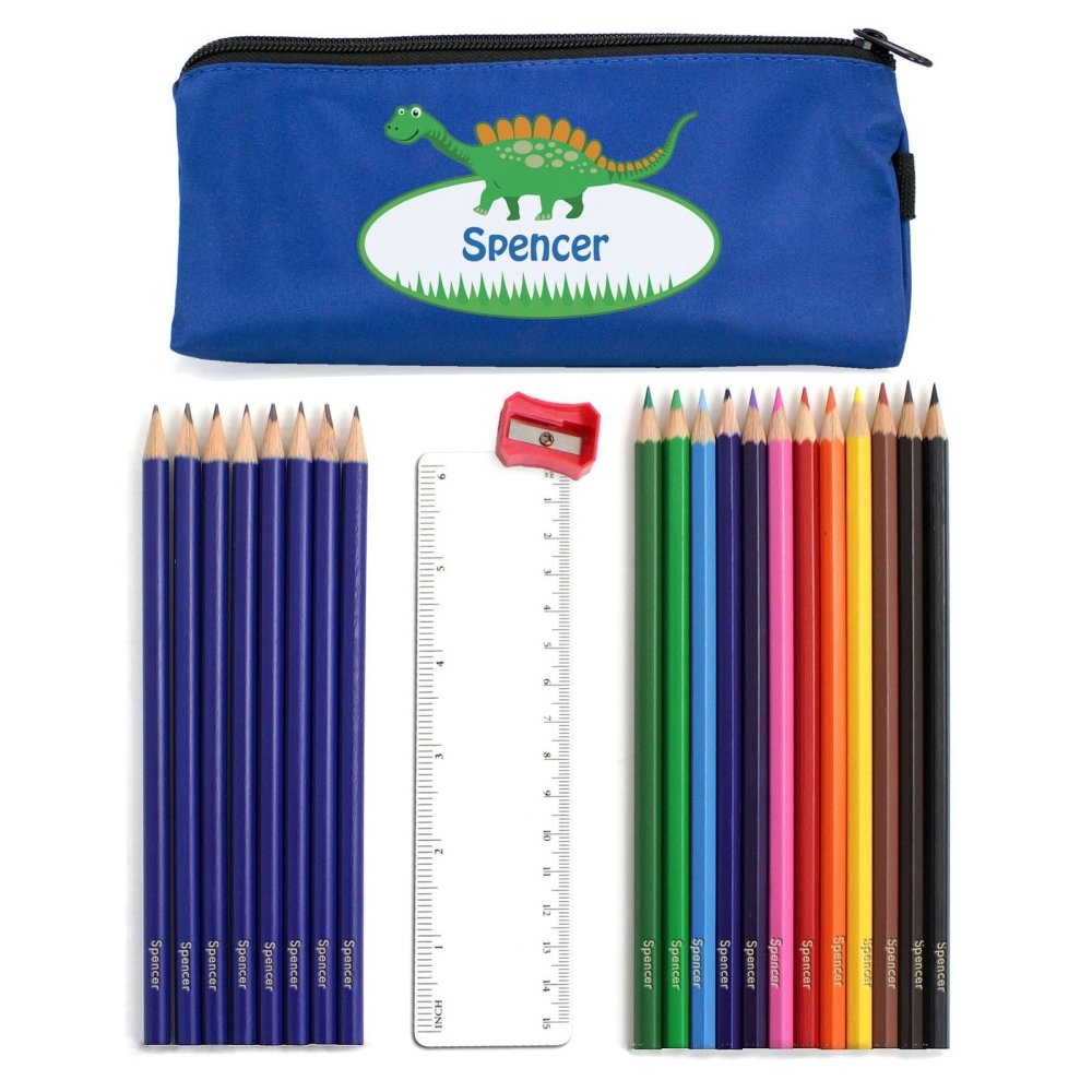 Blue Dinosaur Pencil Case With Personalised Pencils & Crayons