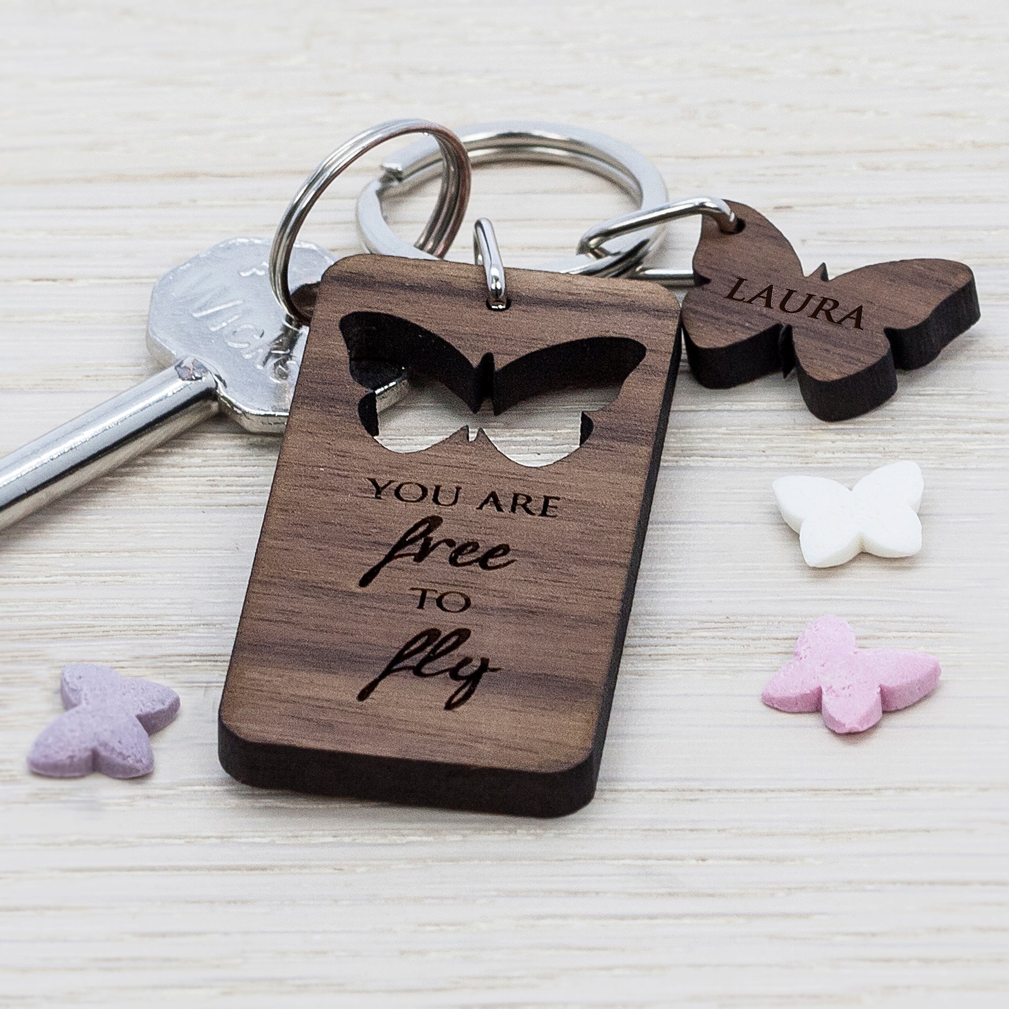 Personalised Butterfly Walnut Keyring