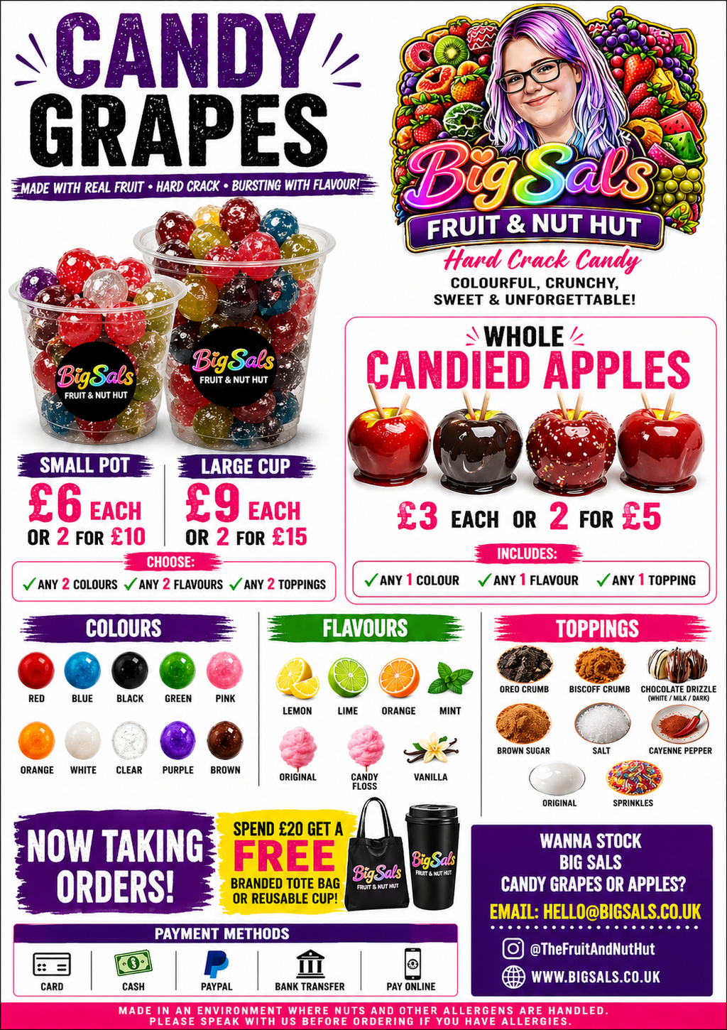 Big Sals Crystal Candy Grapes – Hard Crack Sugar Coated Grapes (Pick 2 Colours, Flavours & Toppings)