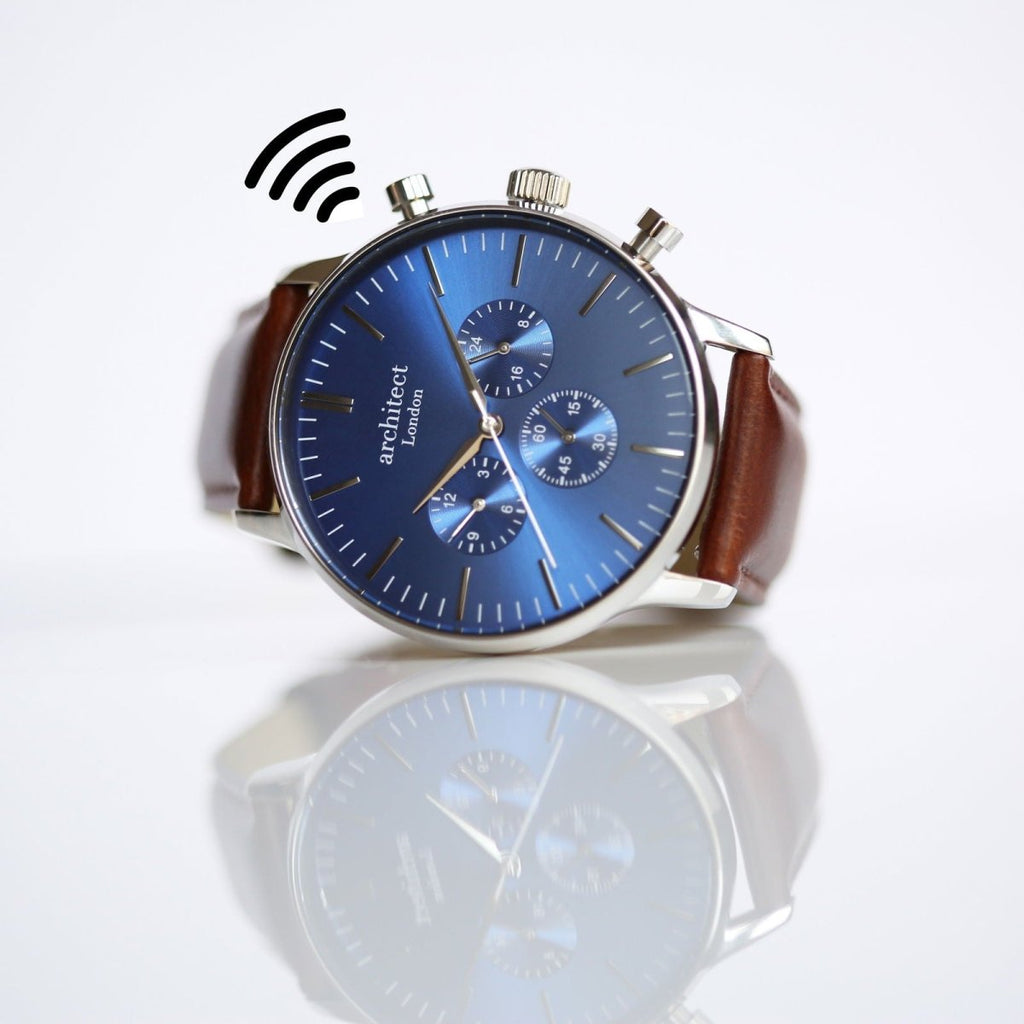 Contactless Payment Watch - Men's Blue Motivator, Walnut Strap, Modern Font Engraving