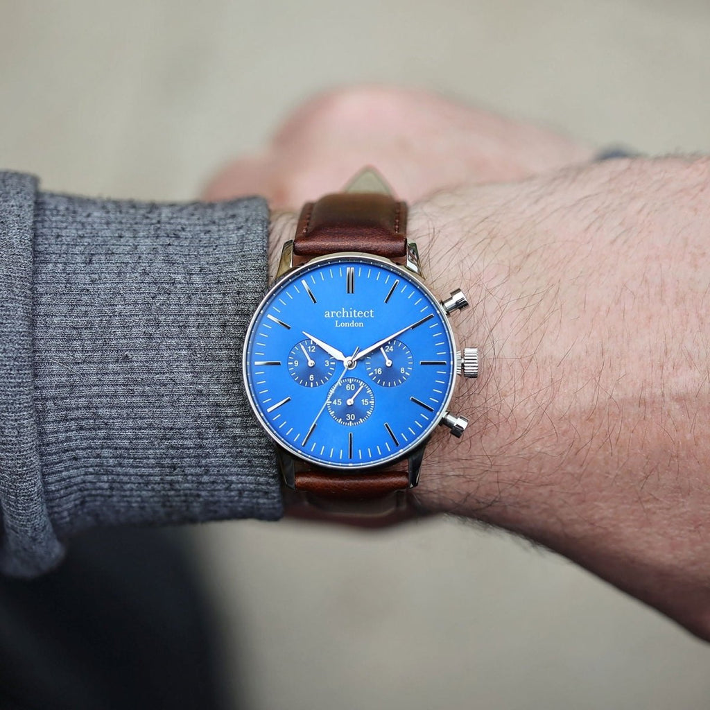 Contactless Payment Watch - Men's Blue Motivator, Walnut Strap, Modern Font Engraving