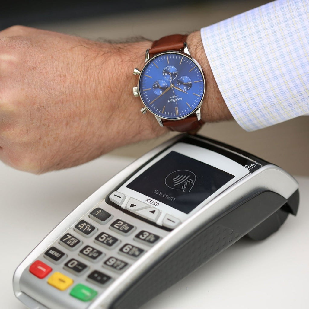 Contactless Payment Watch - Men's Blue Motivator, Walnut Strap, Modern Font Engraving