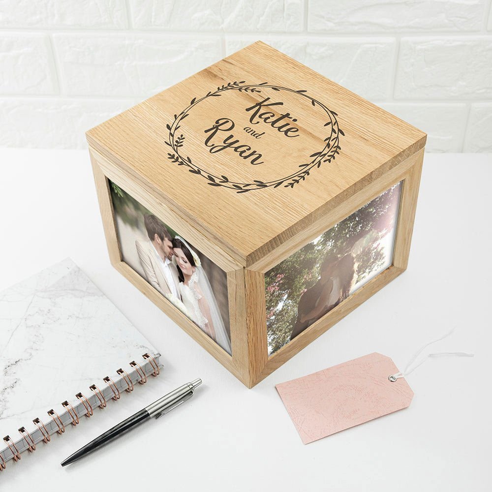 Couple's Oak Photo Keepsake Box With Wreath Design