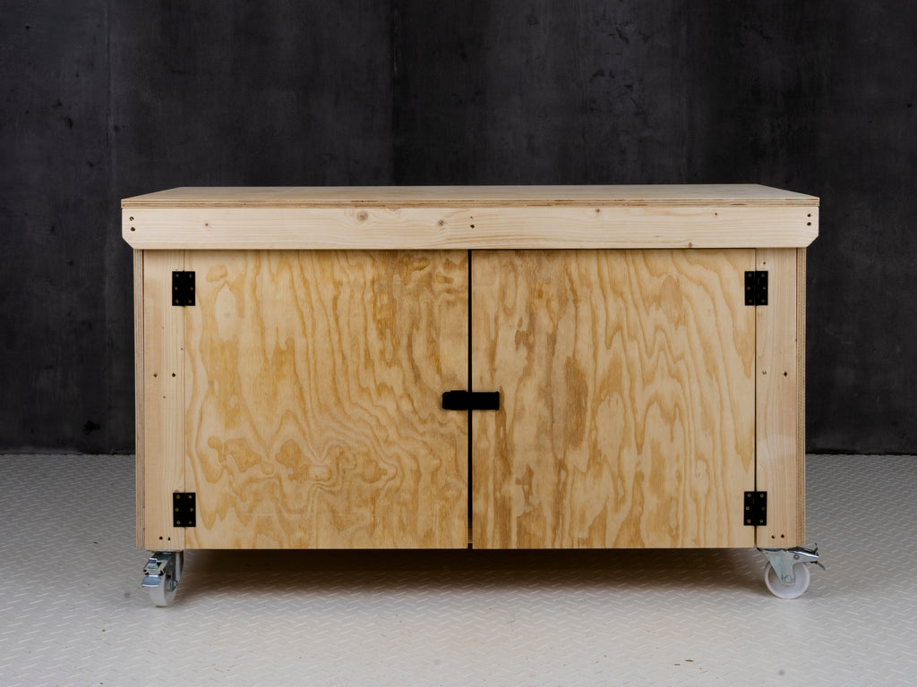 Wooden Plywood Top Workbench With Lockable Cupboard (V.9) With Wheels, Double Shelf
