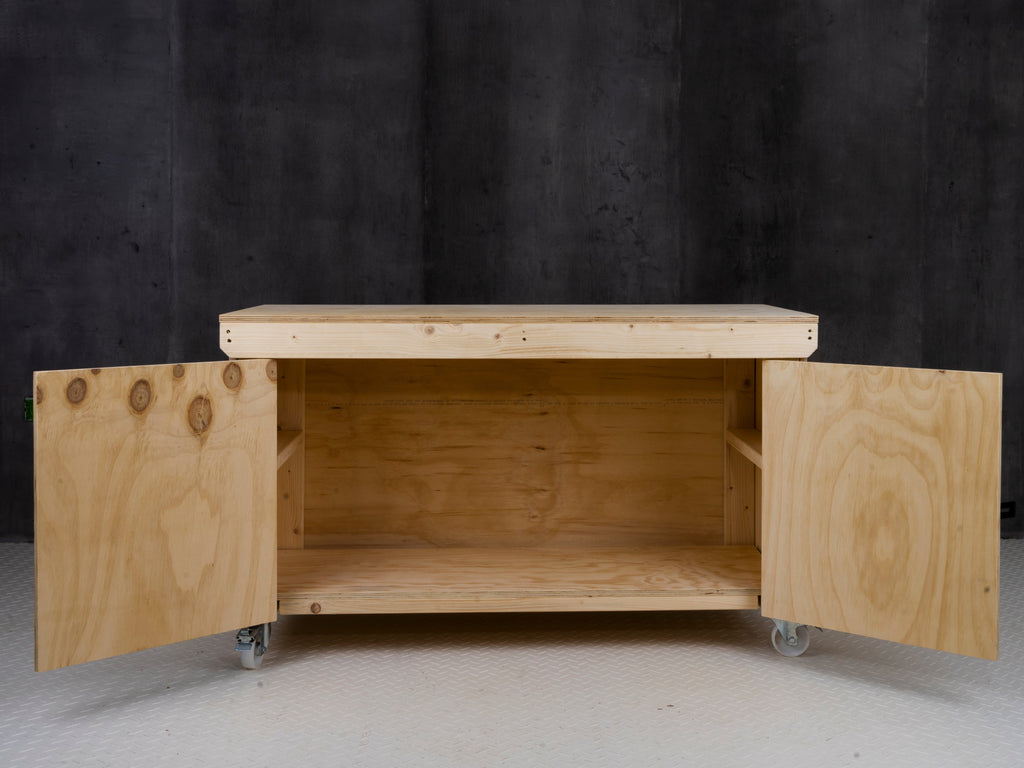 Wooden Plywood Top Workbench With Lockable Cupboard (V.9) With Wheels