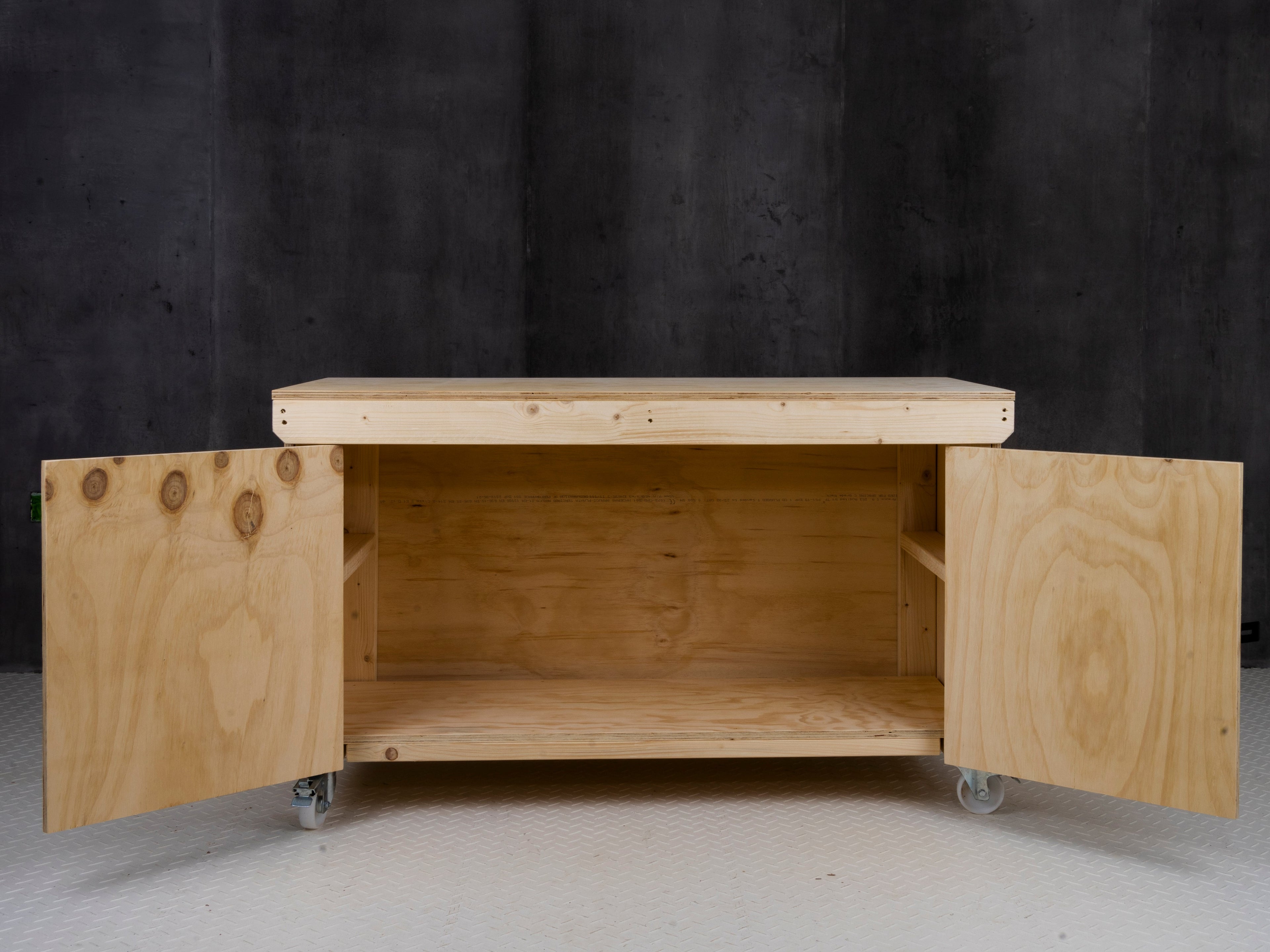 Wooden Plywood Top Workbench With Lockable Cupboard (V.9) With Wheels