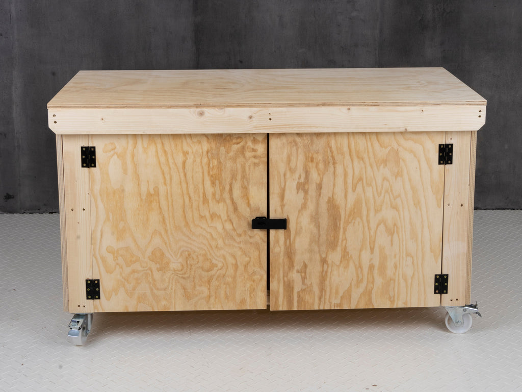 Wooden Plywood Top Workbench With Lockable Cupboard (V.9) With Wheels, Double Shelf