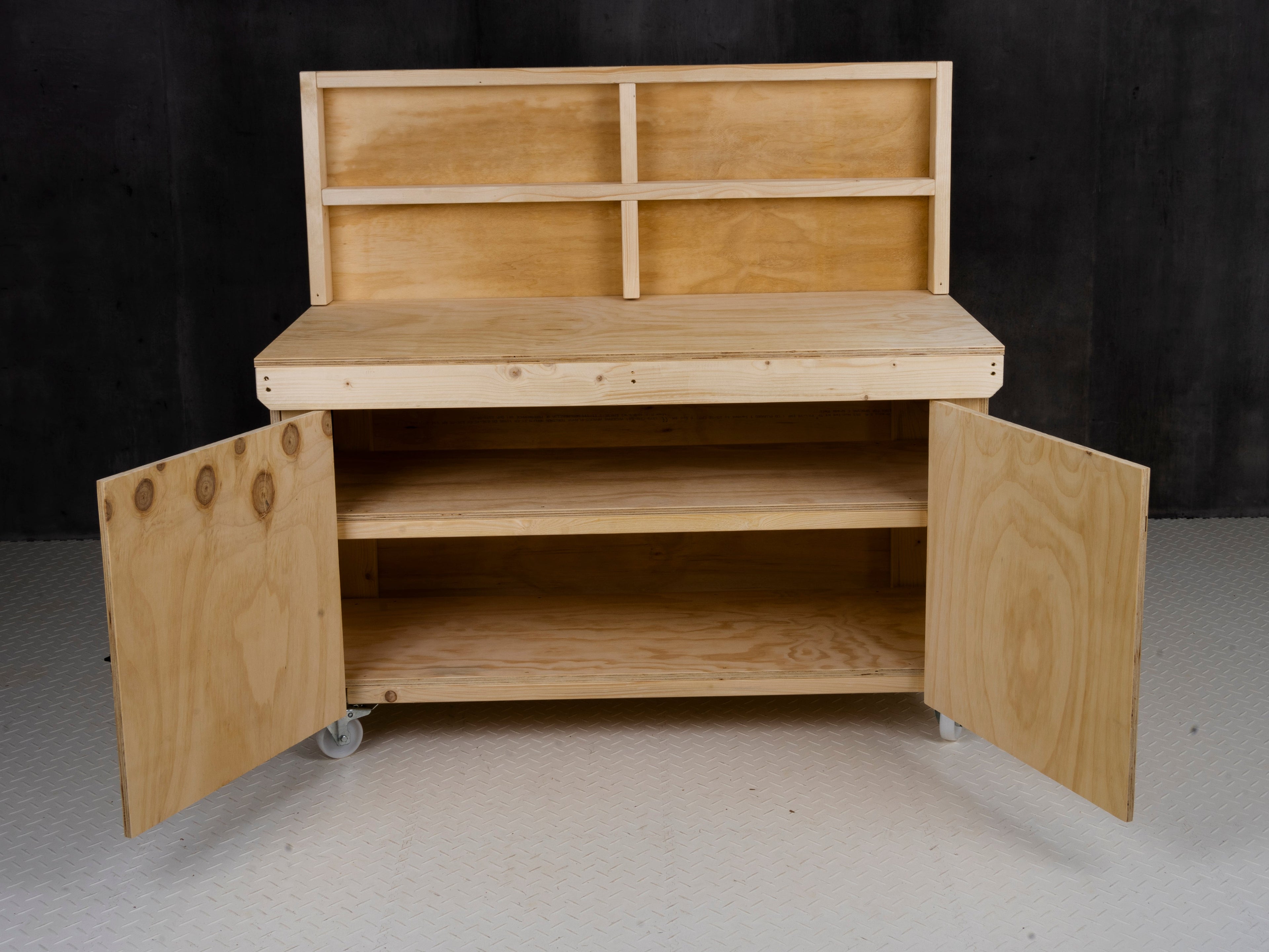 Wooden Plywood Top Workbench With Lockable Cupboard (V.9) With back panel, With wheels, Double Shelf