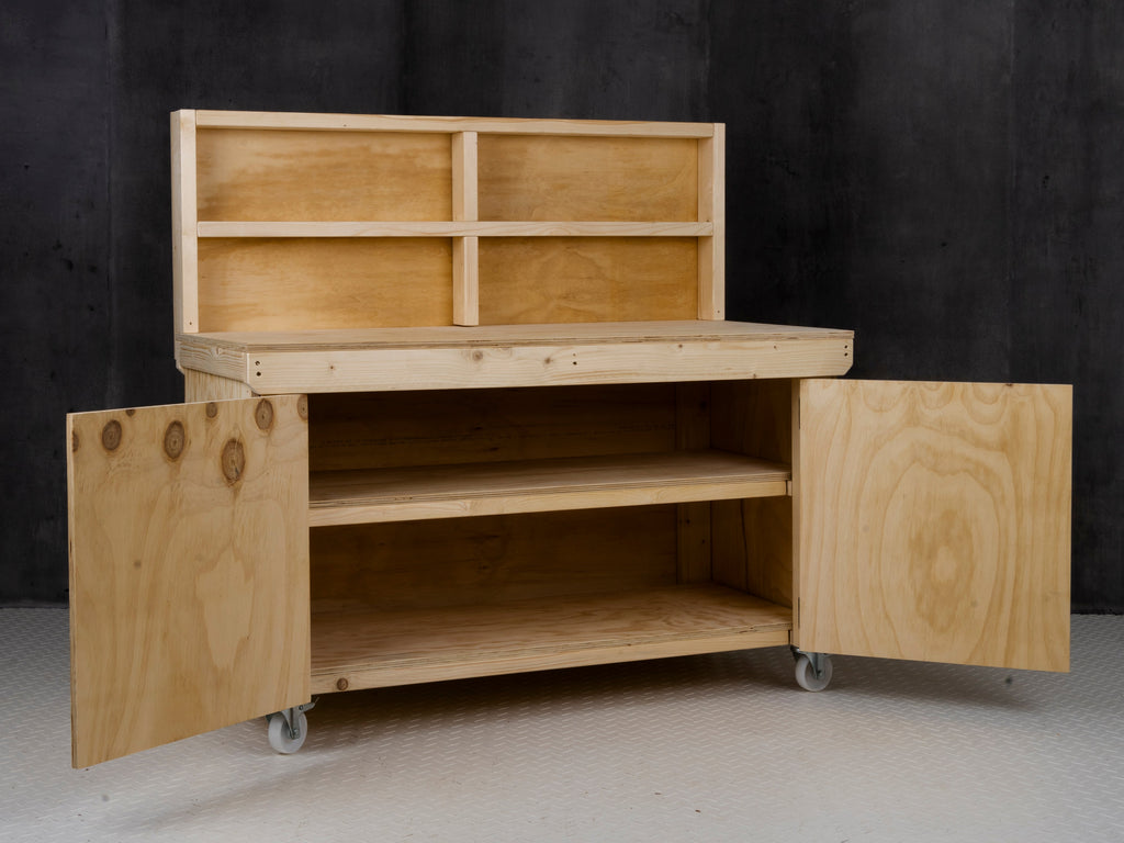 Wooden Plywood Top Workbench With Lockable Cupboard (V.9) With back panel, With wheels, Double Shelf