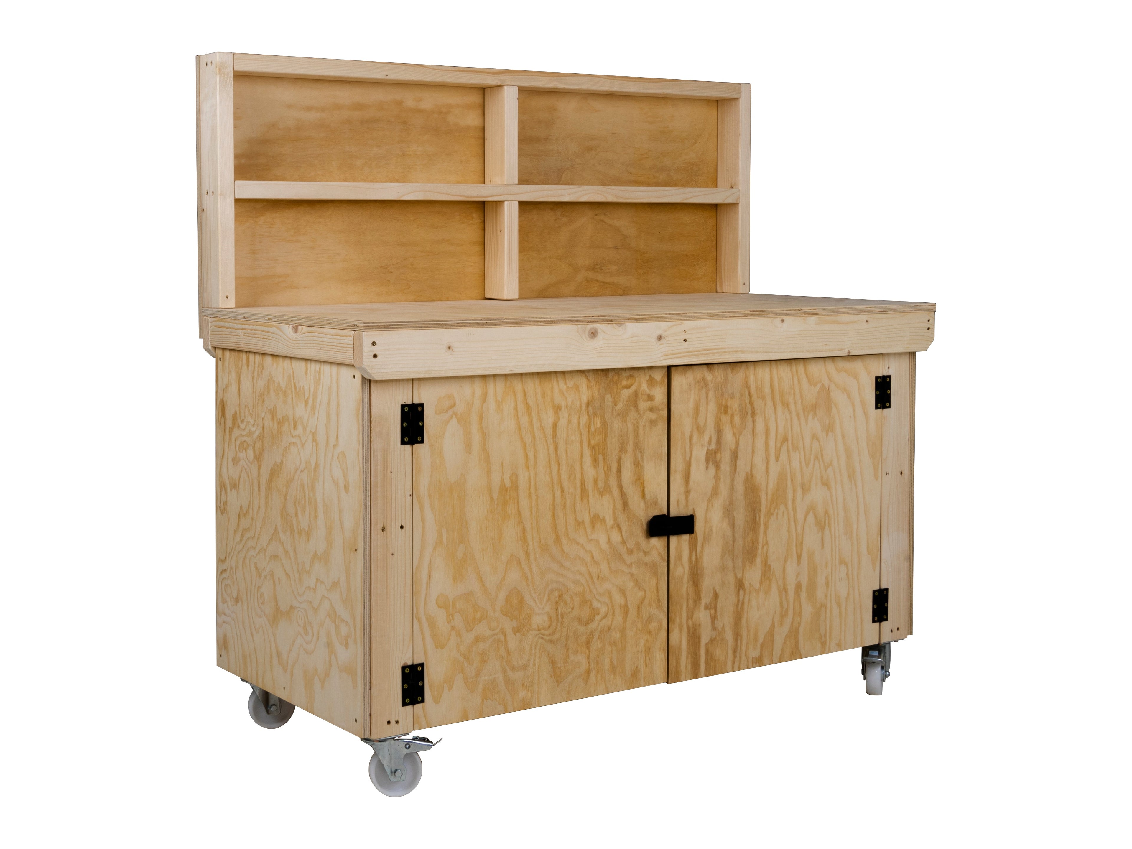Wooden Plywood Top Workbench With Lockable Cupboard (V.9) With back panel, With wheels, Double Shelf