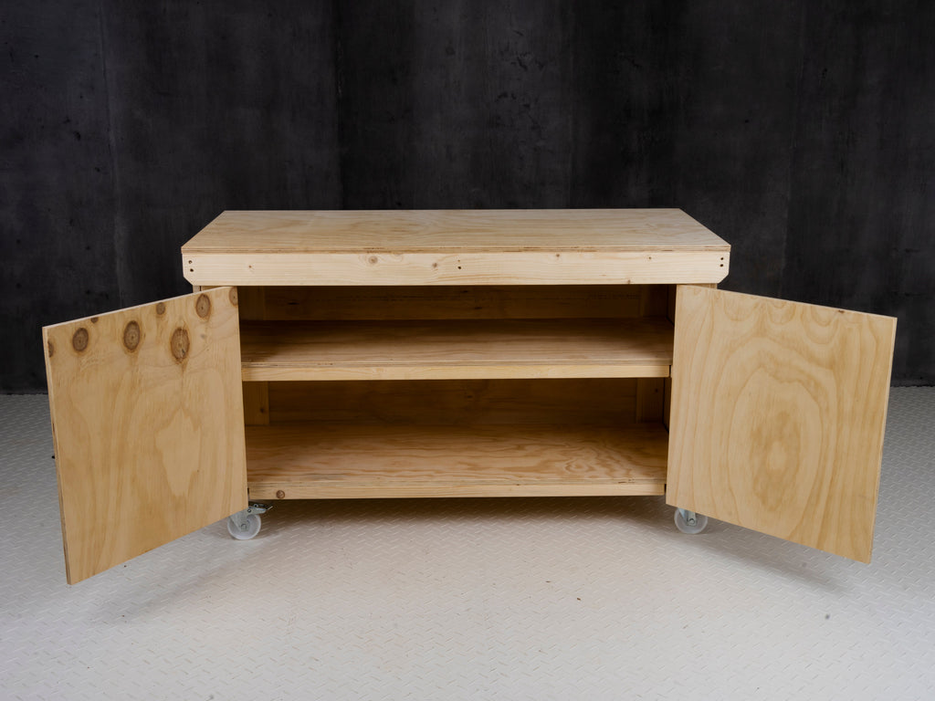 Wooden Plywood Top Workbench With Lockable Cupboard (V.9) With Wheels, Double Shelf