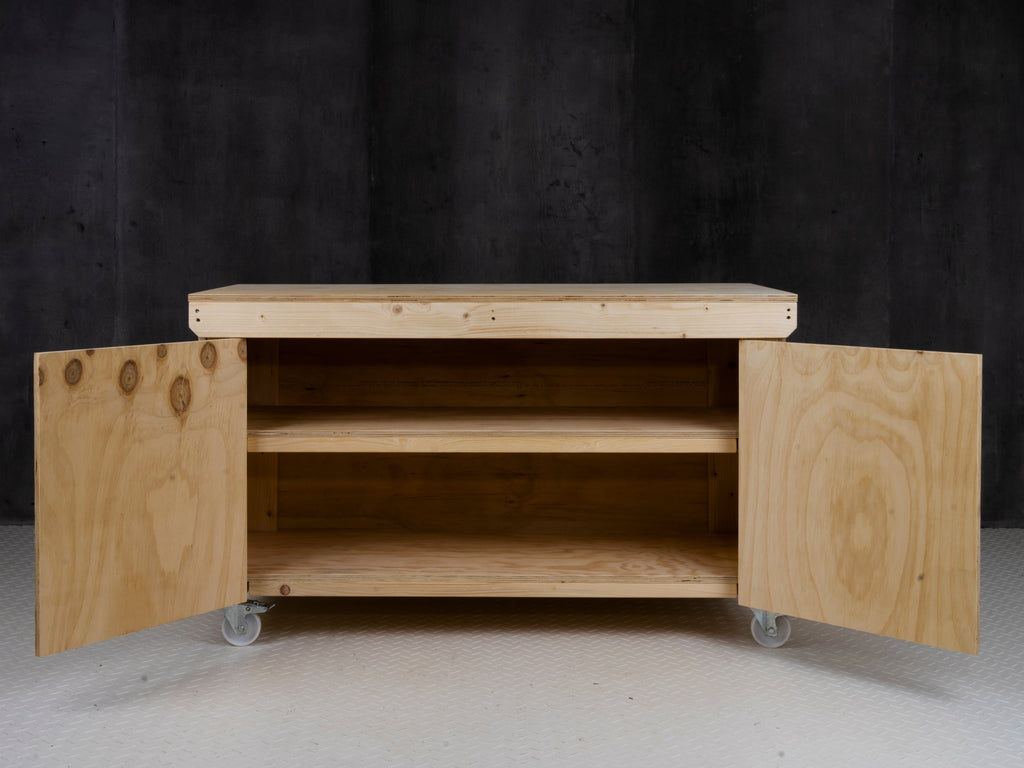 Wooden Plywood Top Workbench With Lockable Cupboard (V.9) With Wheels, Double Shelf
