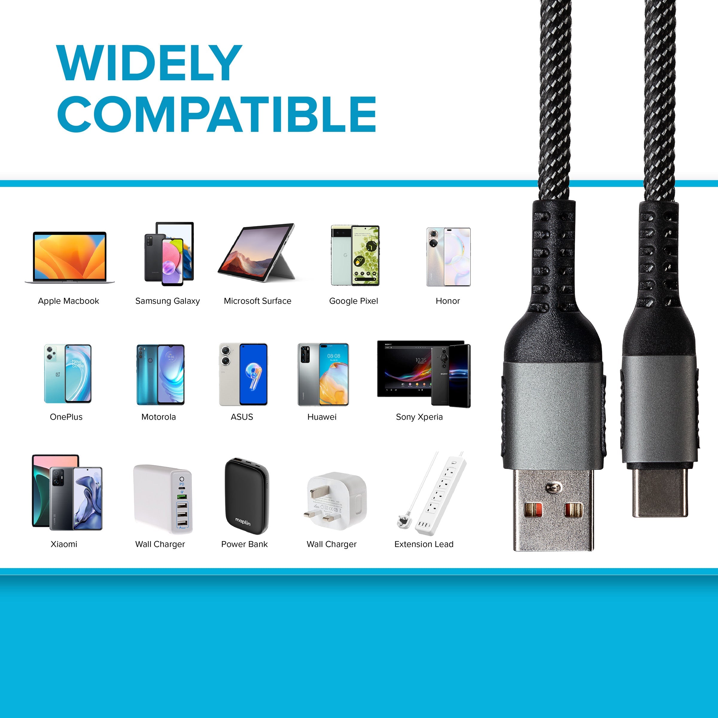Maplin USB-C to USB-A 60W Braided Cable - Grey