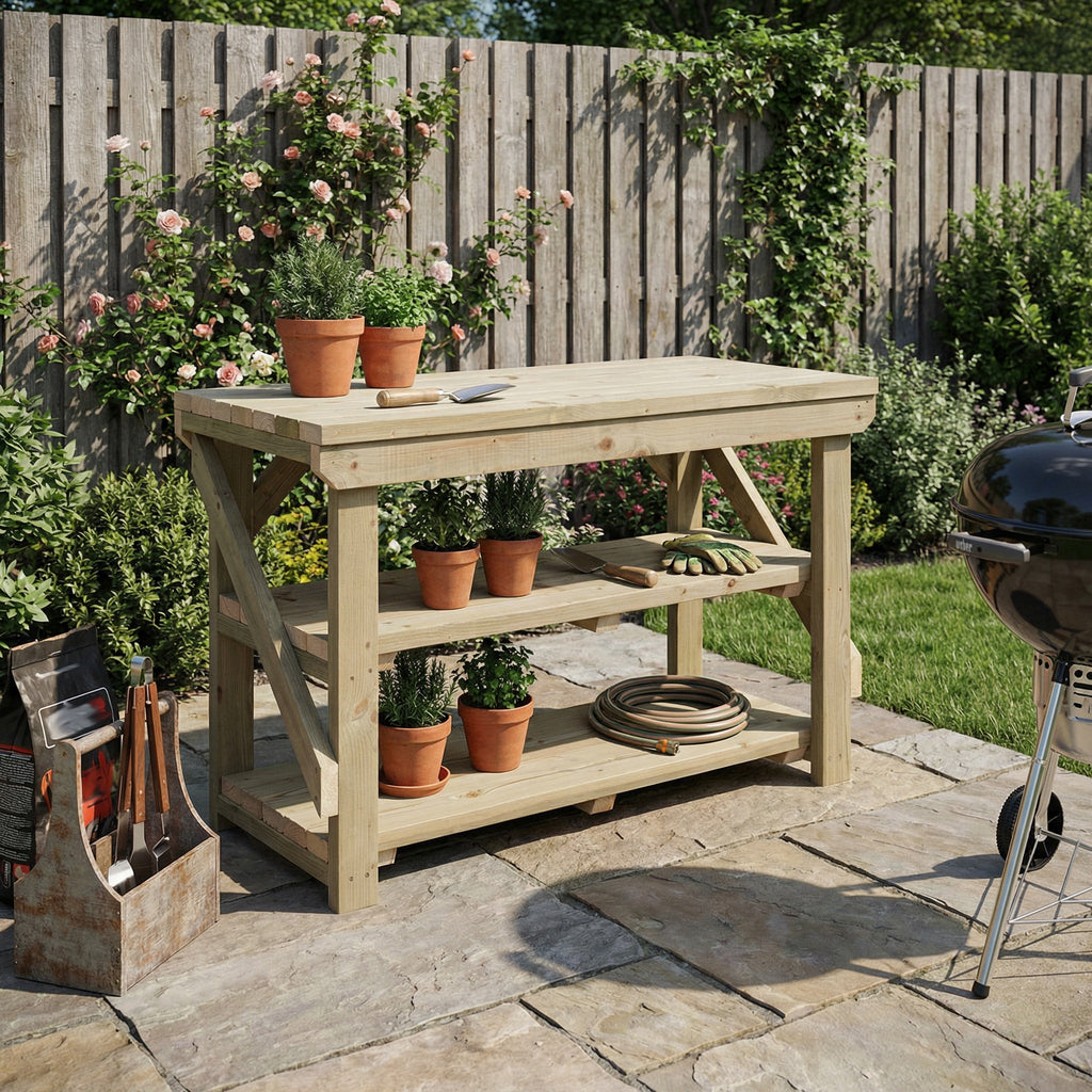 Indoor/outdoor workbench, pressure treated bench with double shelf