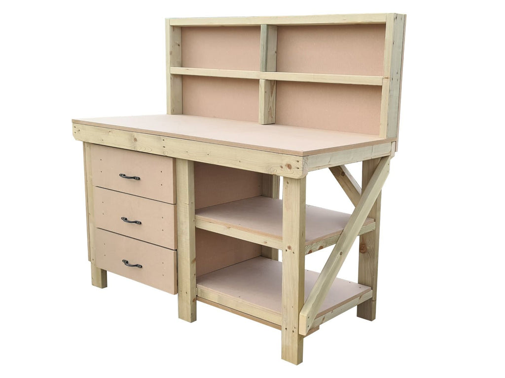 Wooden MDF top tool cabinet workbench with storage shelf (V.7) with back panel and double shelf