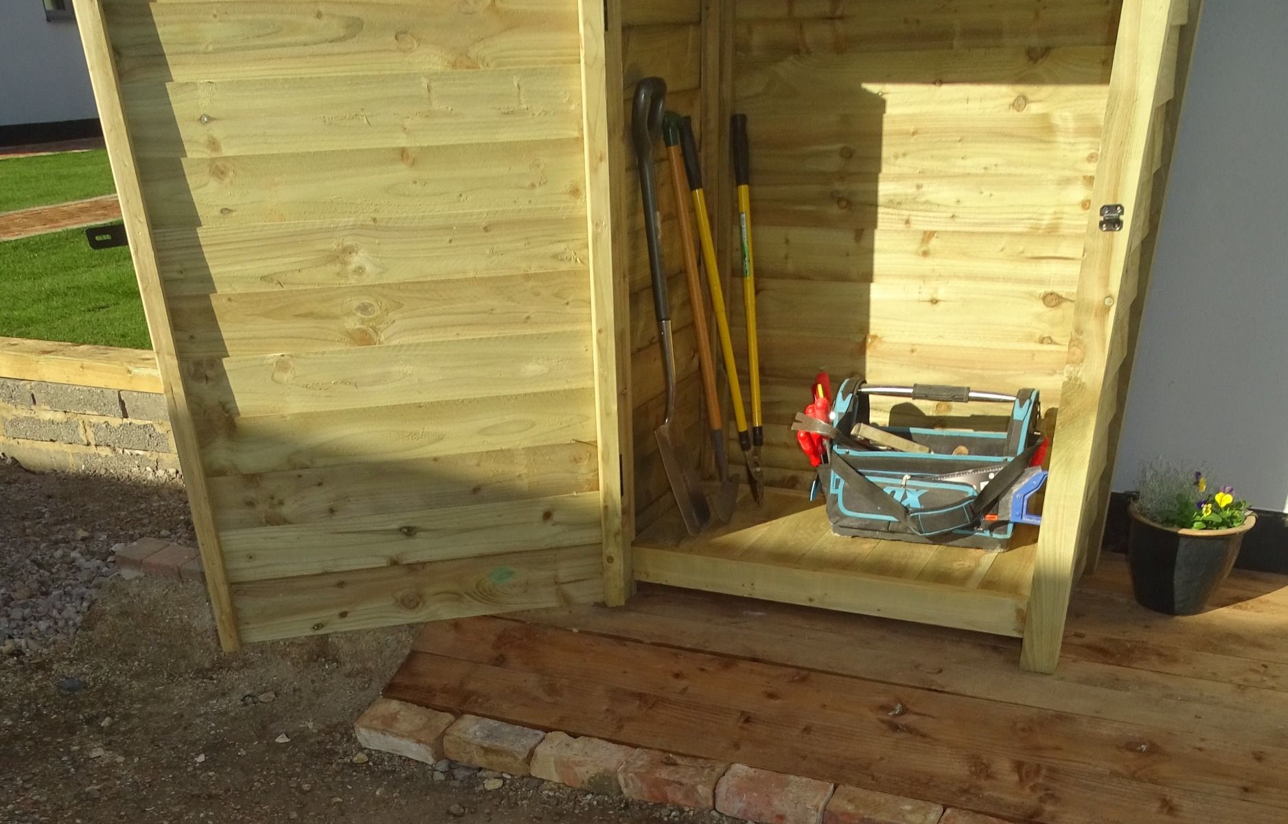 Wooden Garden Tool Storage with Shelf (Roof Sloping Back) W-119cm, H-126cm or 180cm, D-88cm