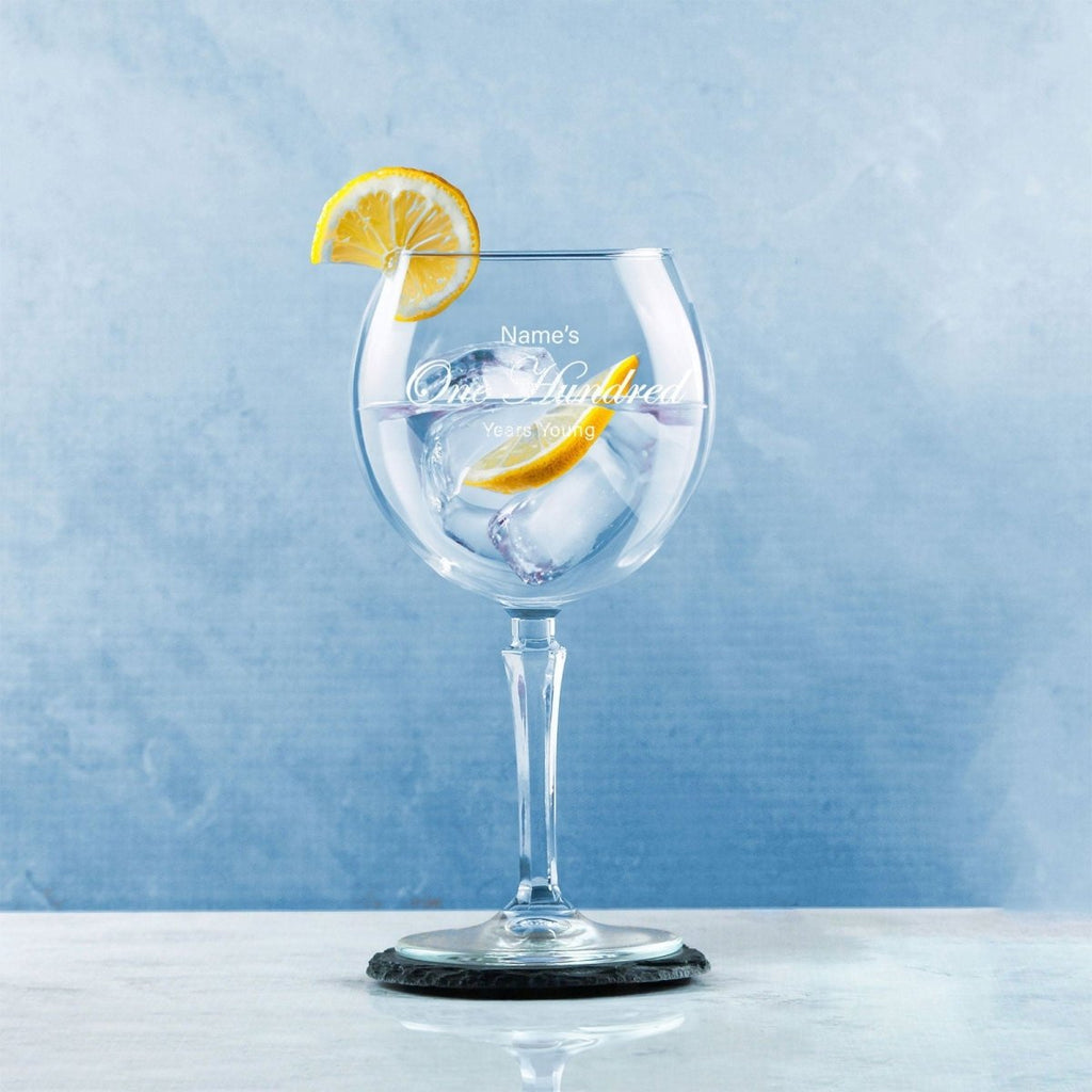 Engraved 100th Birthday Hudson Gin Glass, Years Young Curly Font