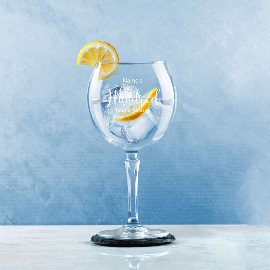 Engraved 100th Birthday Hudson Gin Glass Years Young Delicate Font