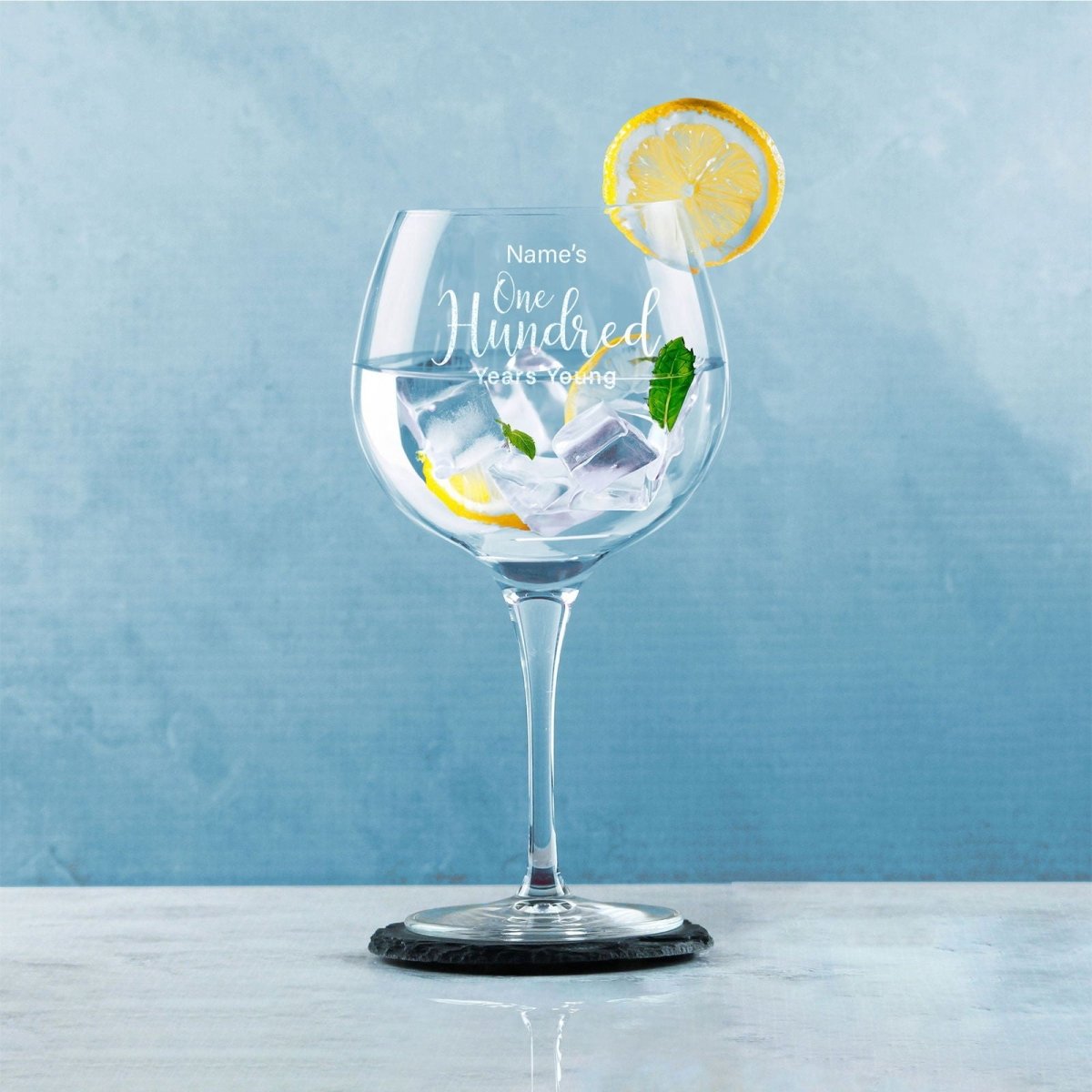 Engraved 100th Birthday Primeur Gin Glass Years Young Delicate Font