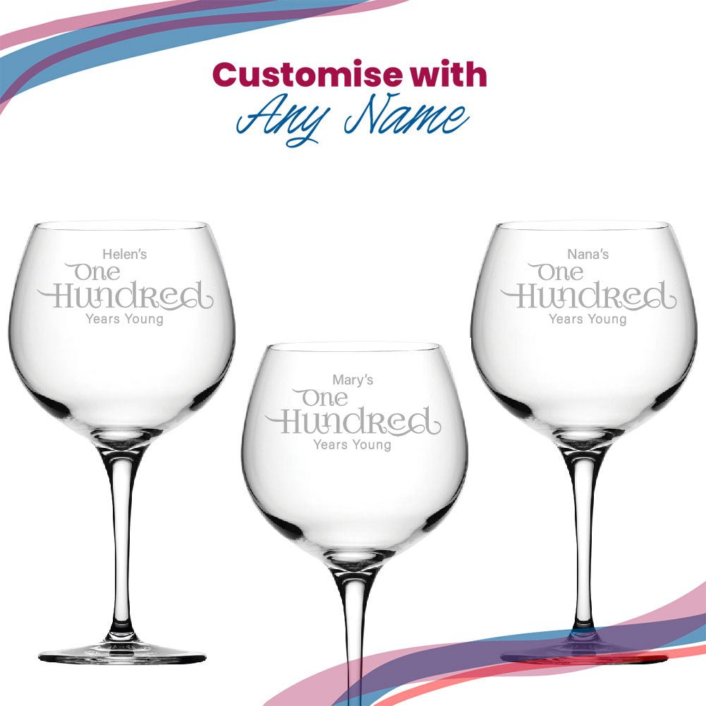 Engraved 100th Birthday Primeur Gin Glass Years Young Sweeping Font