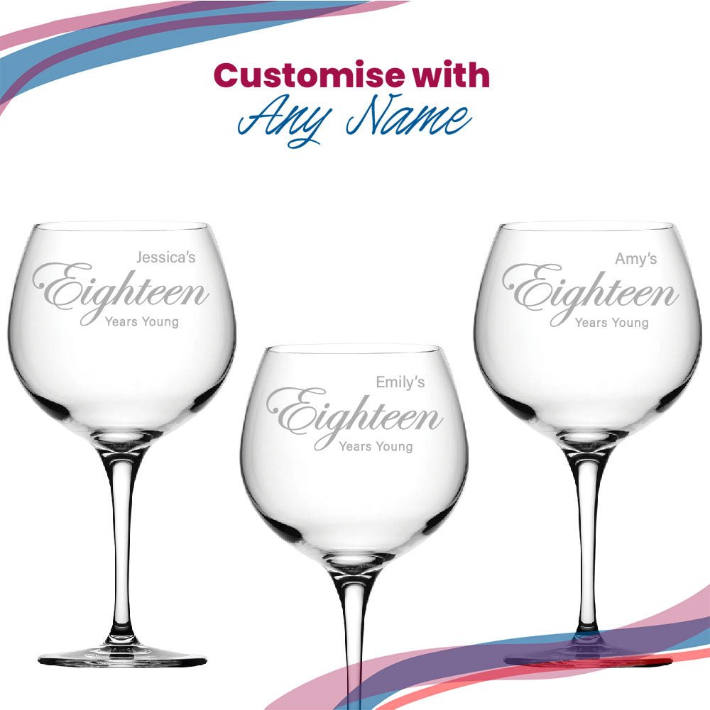 Engraved 18th Birthday Primeur Gin Glass Years Young Curly Font