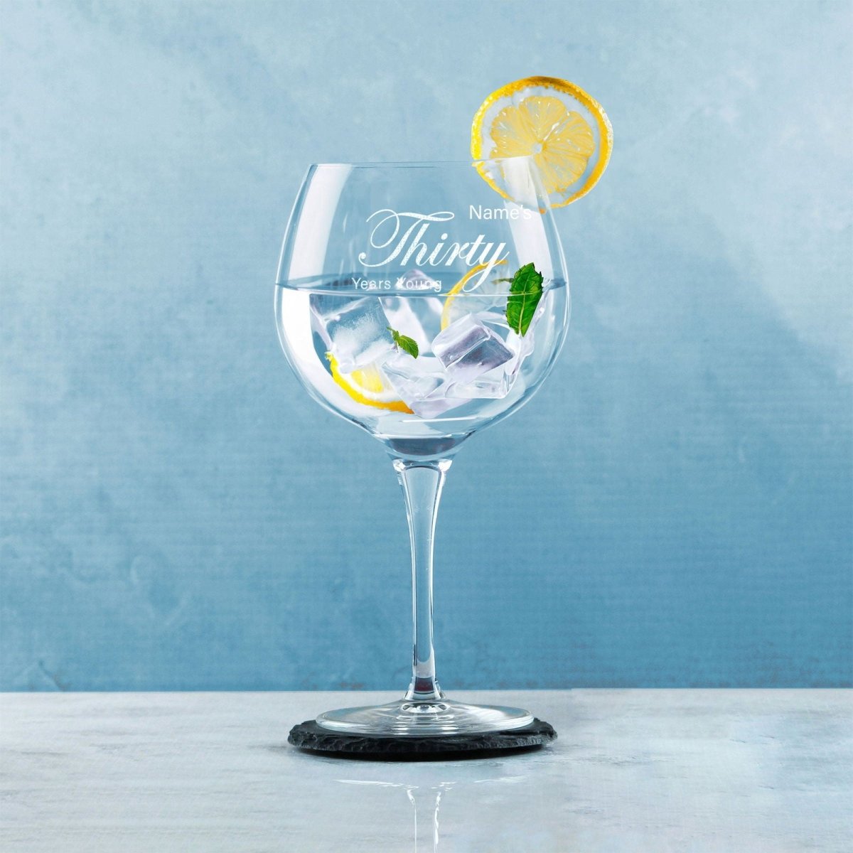 Engraved 30th Birthday Primeur Gin Glass Years Young Curly Font