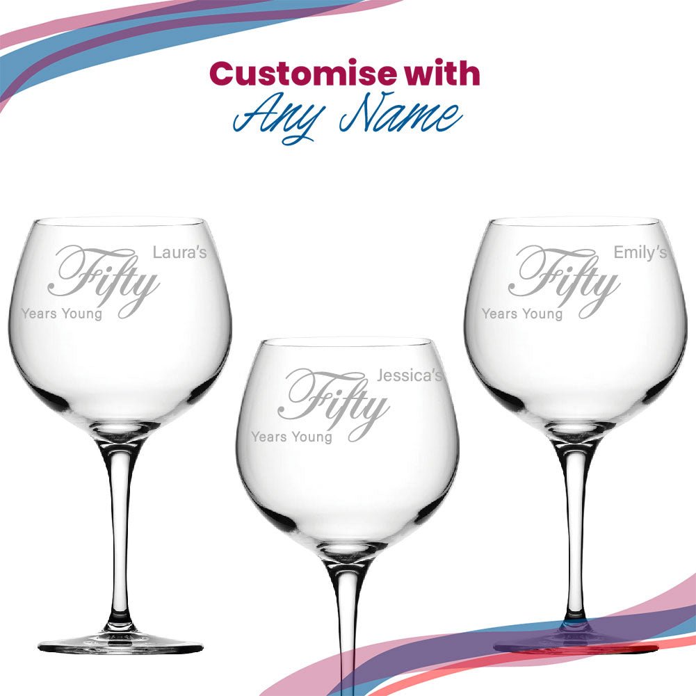Engraved 50th Birthday Primeur Gin Glass Years Young Curly Font