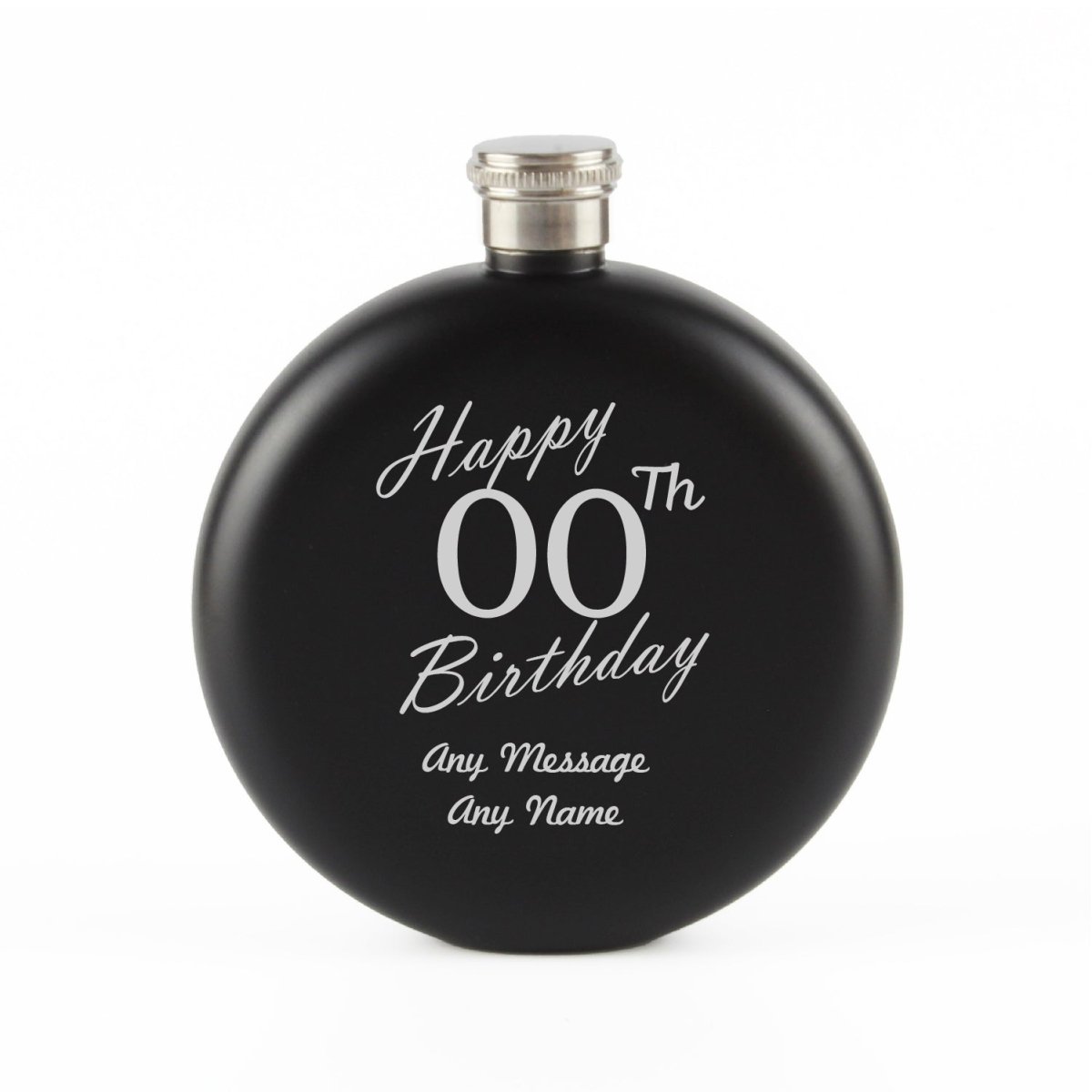 Engraved 5oz Round Black Hip Flask Happy Custom Number Birthday
