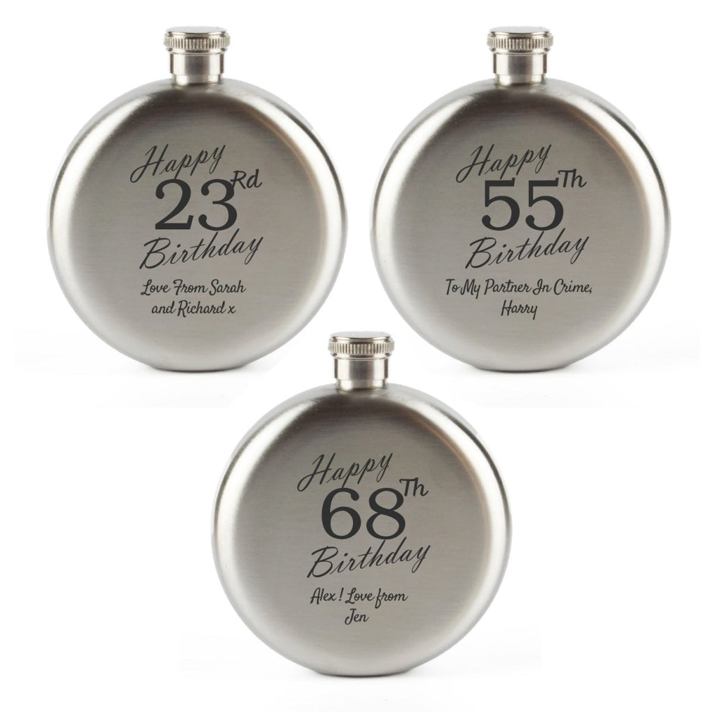 Engraved 5oz Round Steel Hip Flask Happy Custom Number Birthday