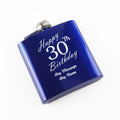 Engraved 6oz Blue Steel Hip Flask Happy 30th Birthday