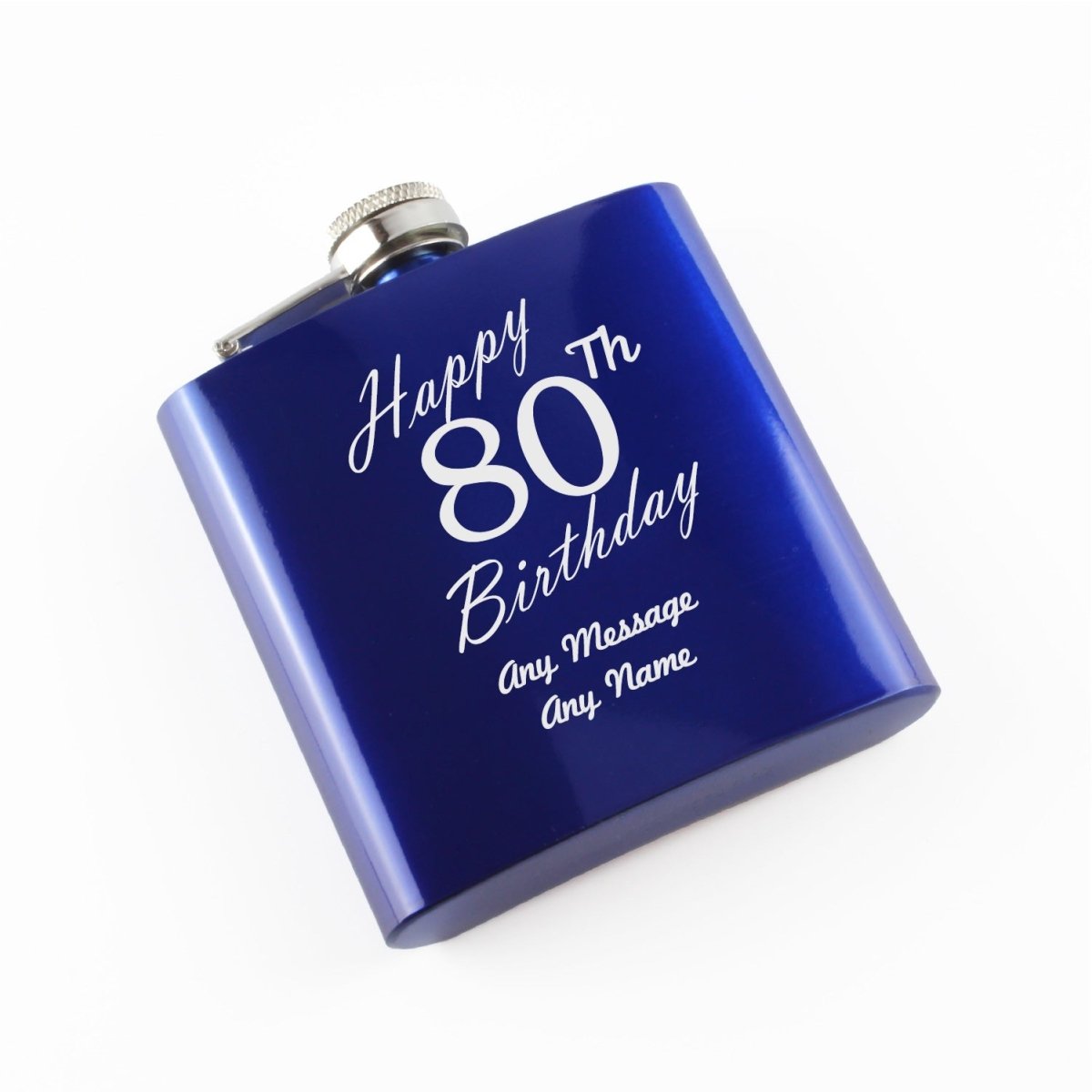 Engraved 6oz Blue Steel Hip Flask Happy 80th Birthday