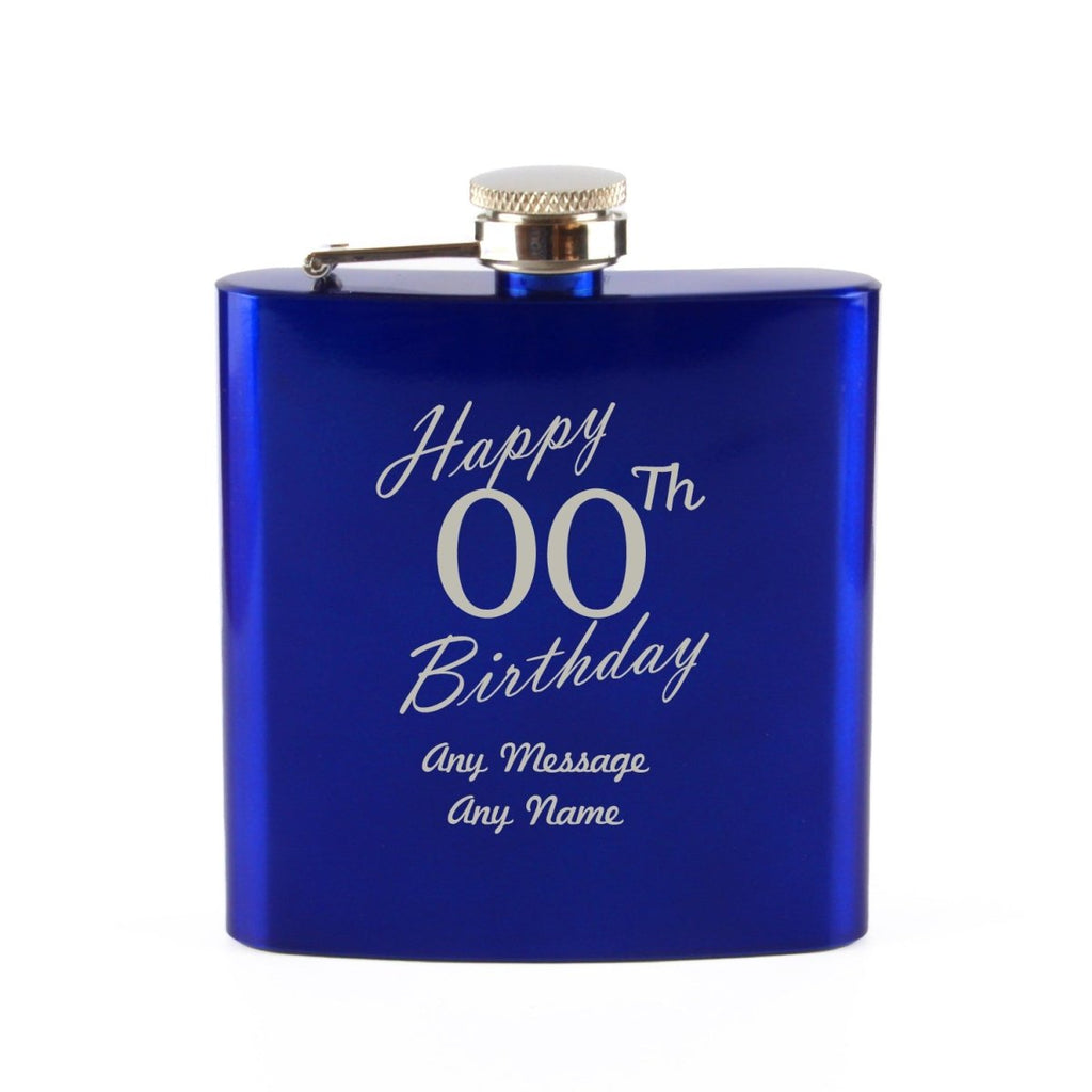 Engraved 6oz Blue Steel Hip Flask Happy Custom Number Birthday