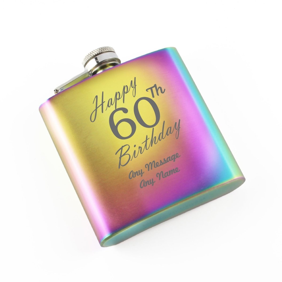 Engraved 6oz Rainbow Steel Hip Flask Happy 60th Birthday