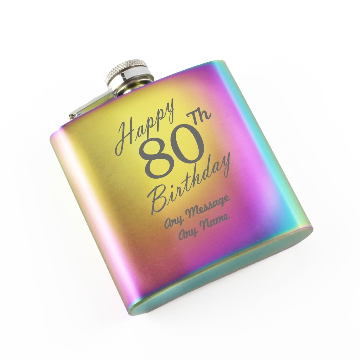 Engraved 6oz Rainbow Steel Hip Flask Happy 80th Birthday