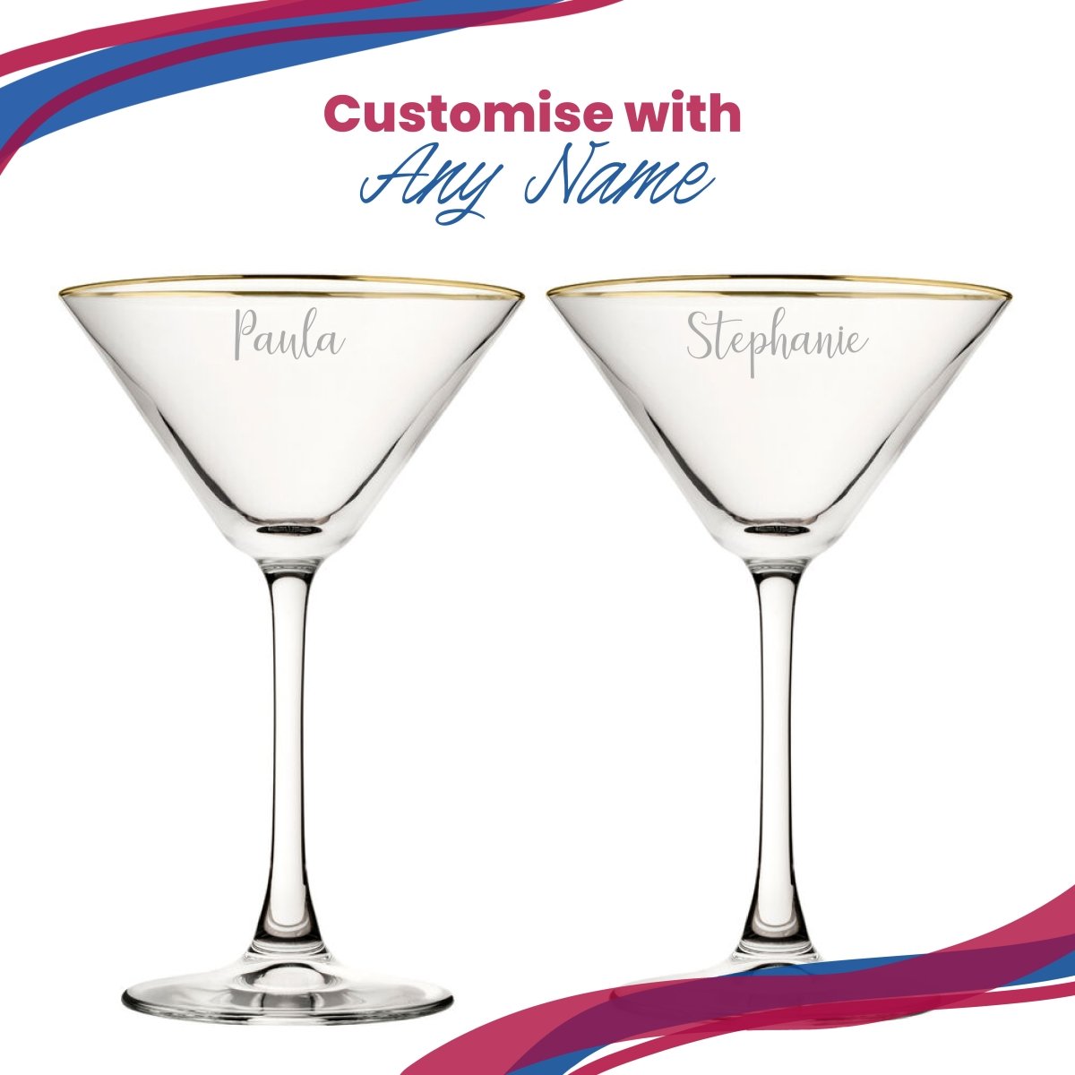 Engraved 7.5oz Gold Rim Martini Cocktail Glass with Script Name, Personalise with Any Name
