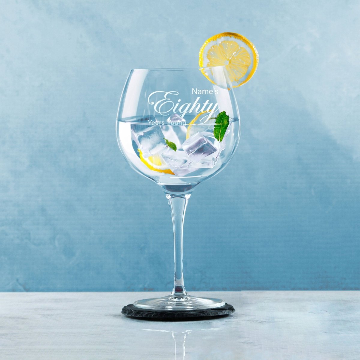 Engraved 80th Birthday Primeur Gin Glass Years Young Curly Font