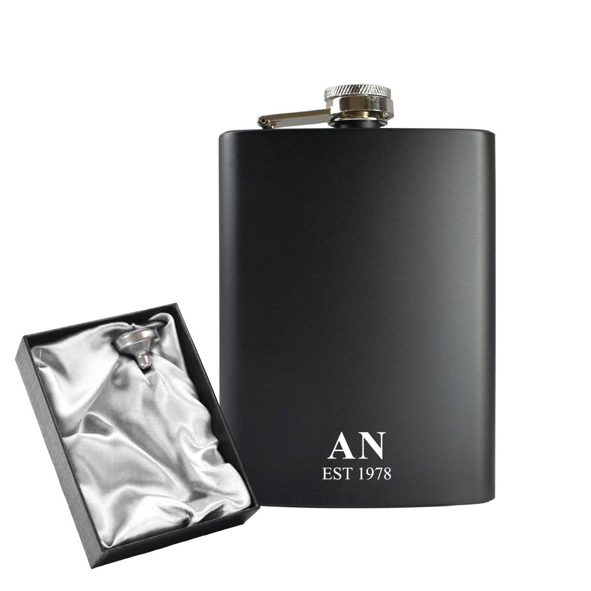 Engraved 8oz Black Hip flask with Initials and Date