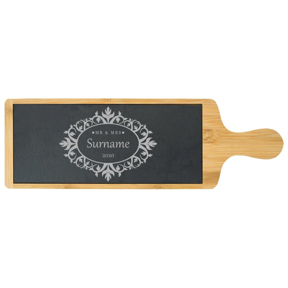 Engraved Bamboo and Slate Cheeseboard with Mr and Mrs Design